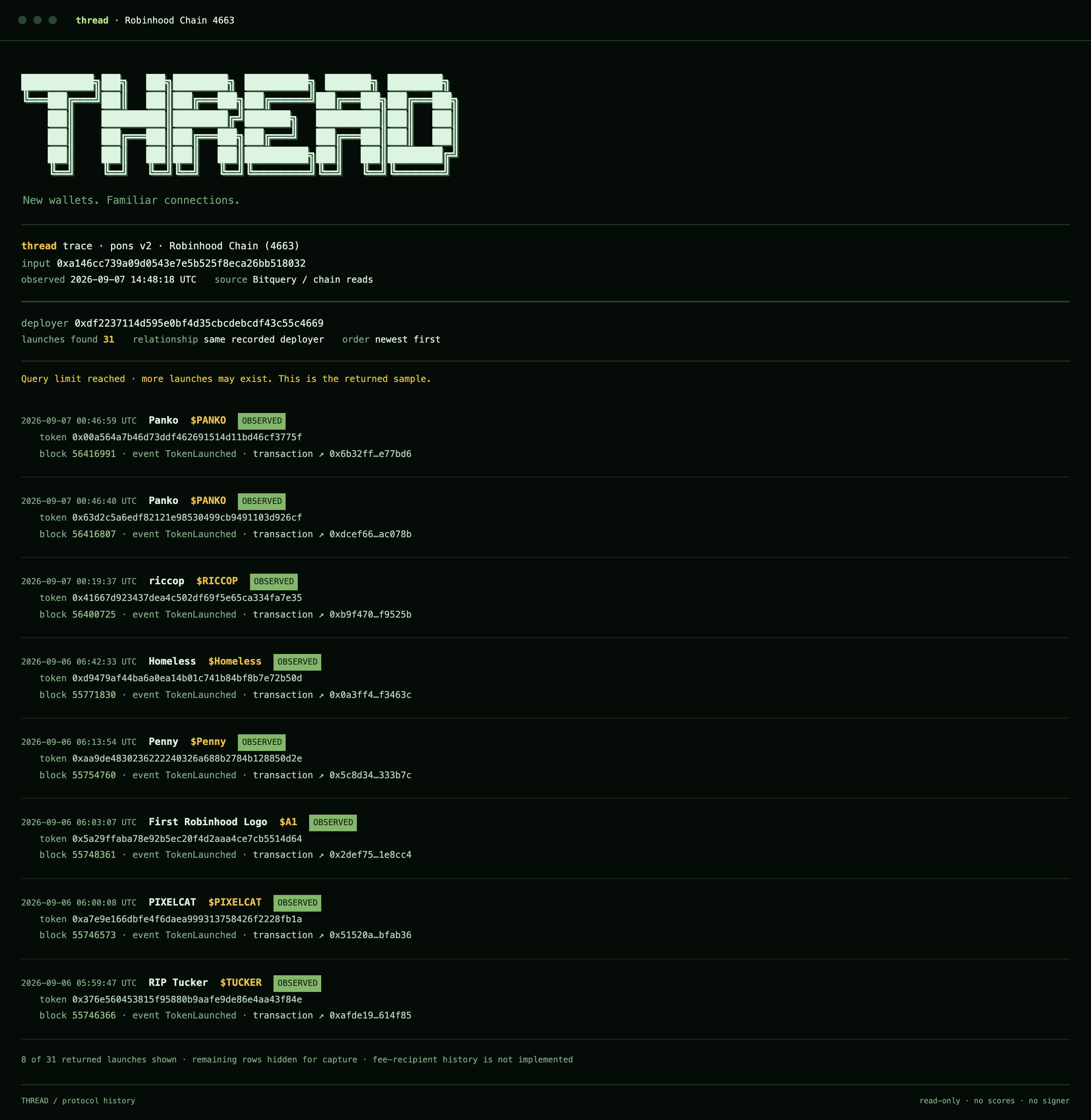 thread trace: one token address in, 31 launches by the same recorded deployer out